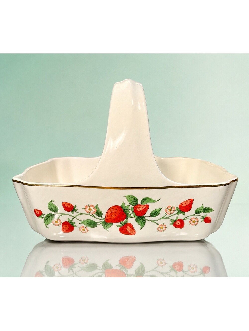 Teleflora 1980s Handled Basket Planter Strawberry White Ceramic, 8.25x6.5”
